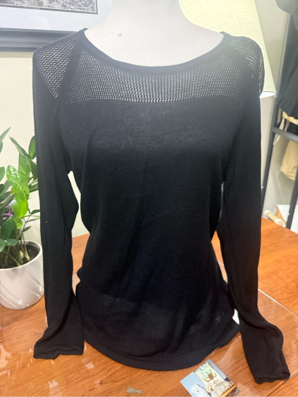 525 America Black Open-Knit Yoke Lightweight Sweater